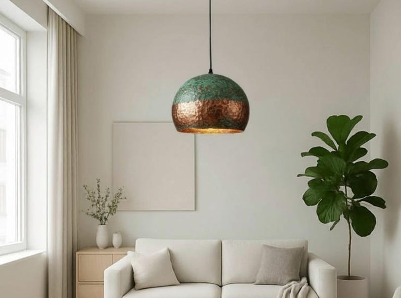 Handmade Hammered Brass Pendant Light with Green Patina – Moroccan Dome Hanging Lamp for Kitchen Island, Dining Room, Living Room & Boho Home Decor