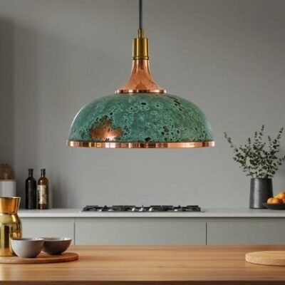Green Patina Copper Pendant Light, Handmade Moroccan Copper Dome Chandelier, Rustic Verdigris Kitchen Island Light, Copper Hanging Lamp for Dining Room and Farmhouse Kitchen