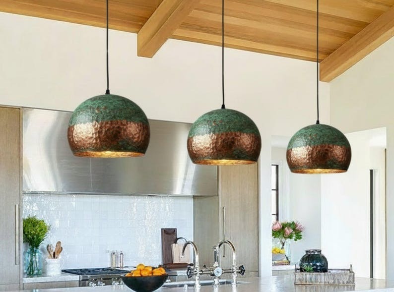 Handmade Hammered Brass Pendant Light with Green Patina – Moroccan Dome Hanging Lamp for Kitchen Island, Dining Room, Living Room & Boho Home Decor