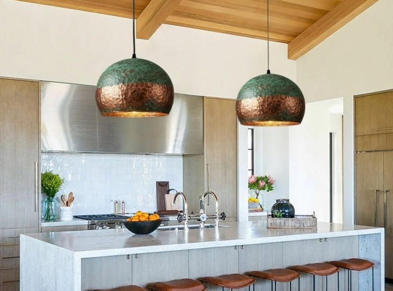 Handmade Hammered Brass Pendant Light with Green Patina – Moroccan Dome Hanging Lamp for Kitchen Island, Dining Room, Living Room & Boho Home Decor