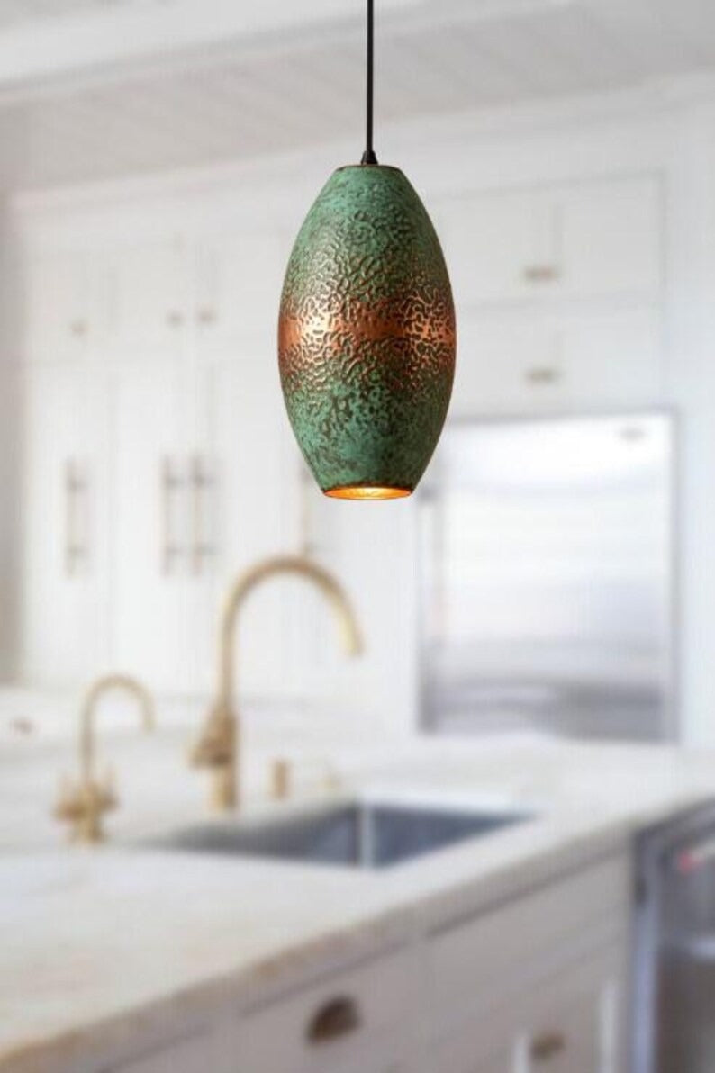 Handmade Green Patina Brass Pendant Light – Moroccan Oval Hanging Lamp with Hammered Copper Brass Accent for Kitchen Island, Dining Room & Boho Home Décor