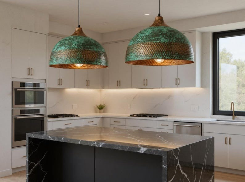 Green Patina Hammered Copper Dome Pendant Light, Handmade Moroccan Verdigris Copper Kitchen Island Chandelier, Rustic Boho Farmhouse Hanging Ceiling Light Fixture