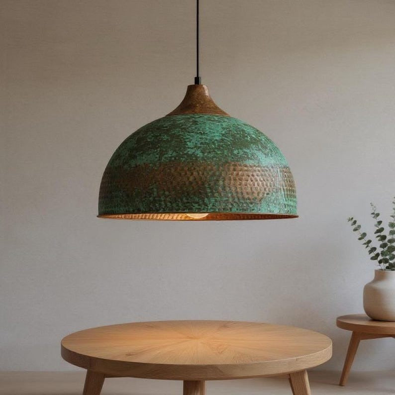 Green Patina Hammered Copper Dome Pendant Light, Handmade Moroccan Verdigris Copper Kitchen Island Chandelier, Rustic Boho Farmhouse Hanging Ceiling Light Fixture