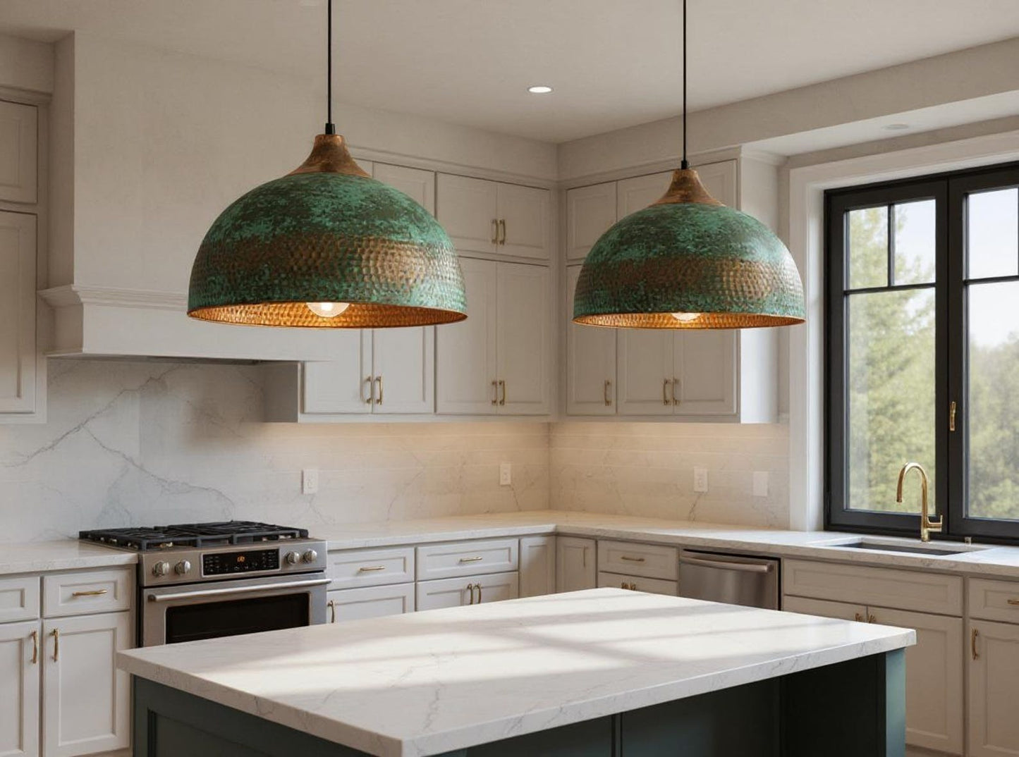 Green Patina Hammered Copper Dome Pendant Light, Handmade Moroccan Verdigris Copper Kitchen Island Chandelier, Rustic Boho Farmhouse Hanging Ceiling Light Fixture