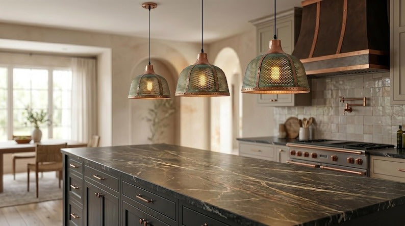 Handmade Moroccan Brass Pendant Light – Large Pierced Dome Ceiling Lamp with Verdigris Patina, Copper Accents & Riveted Industrial Design