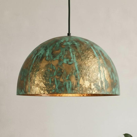 Handmade Moroccan Brass Pendant Light – Green Verdigris Patina Hammered Dome Ceiling Lamp, Large Kitchen Island & Dining Room Lighting