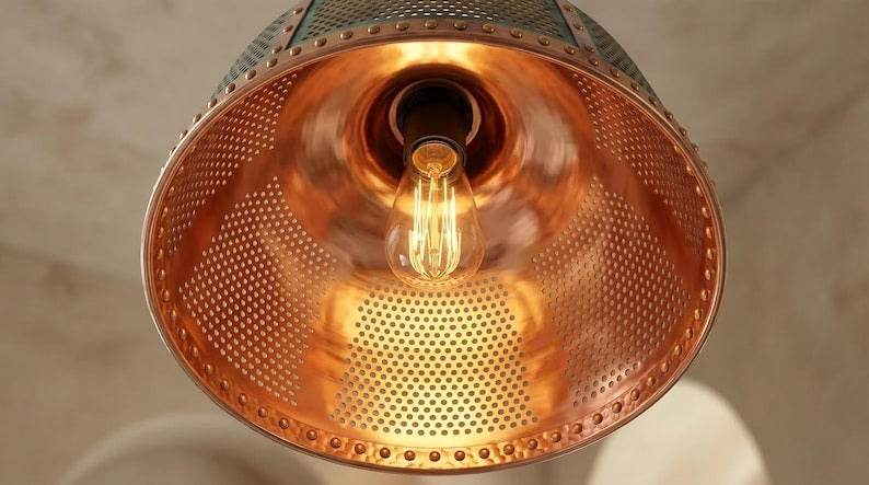 Handmade Moroccan Brass Pendant Light – Large Pierced Dome Ceiling Lamp with Verdigris Patina, Copper Accents & Riveted Industrial Design