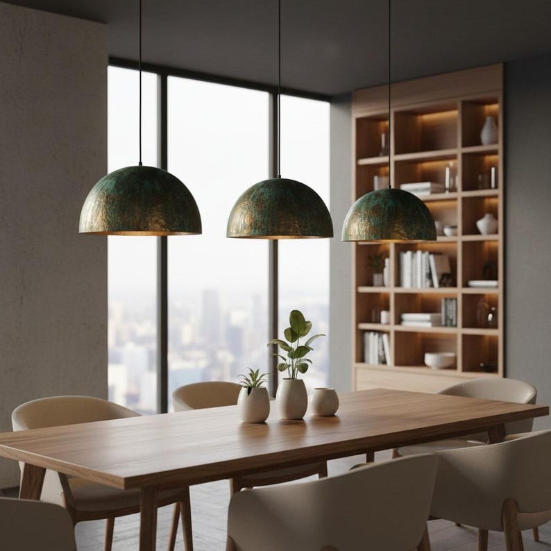 Handmade Moroccan Brass Pendant Light – Green Verdigris Patina Hammered Dome Ceiling Lamp, Large Kitchen Island & Dining Room Lighting