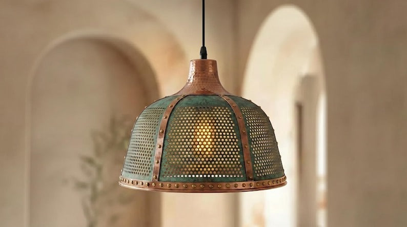 Handmade Moroccan Brass Pendant Light – Large Pierced Dome Ceiling Lamp with Verdigris Patina, Copper Accents & Riveted Industrial Design