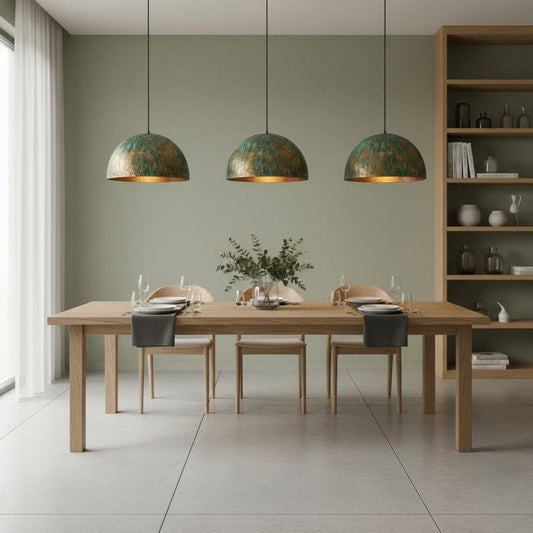 Set of 3 Handmade Moroccan Brass Pendant Lights – Green Verdigris Patina Hammered Dome Ceiling Lamps, Kitchen Island & Dining Room Lighting