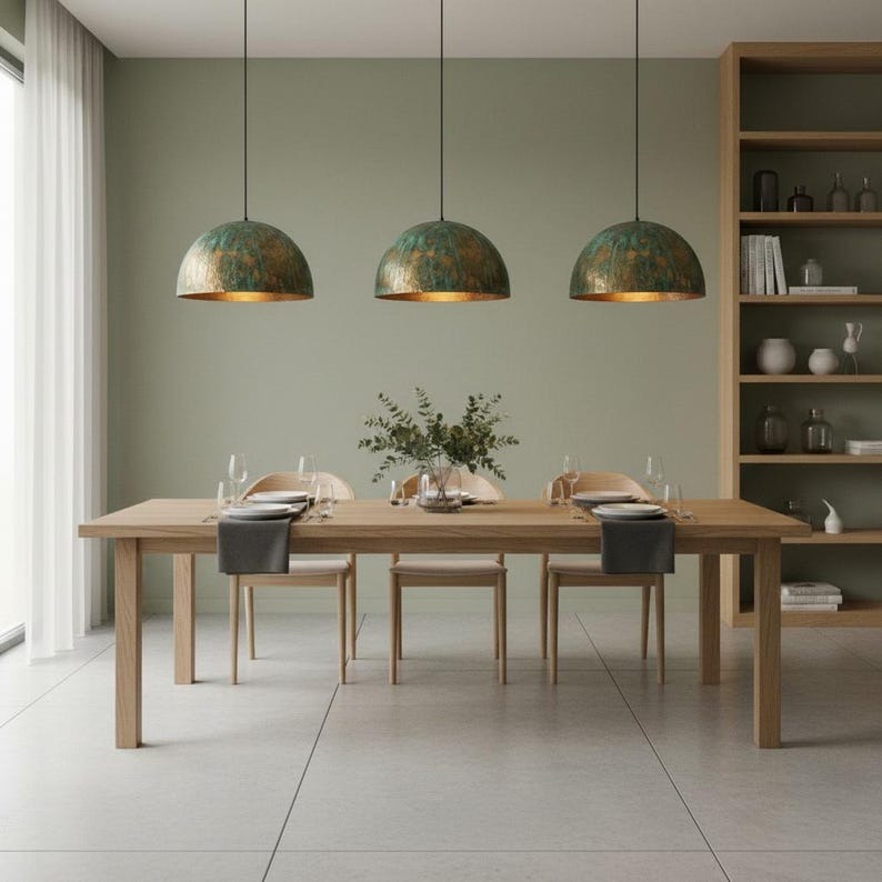 Handmade Moroccan Brass Pendant Light – Green Verdigris Patina Hammered Dome Ceiling Lamp, Large Kitchen Island & Dining Room Lighting