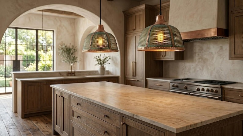 Handmade Moroccan Brass Pendant Light – Large Pierced Dome Ceiling Lamp with Verdigris Patina, Copper Accents & Riveted Industrial Design