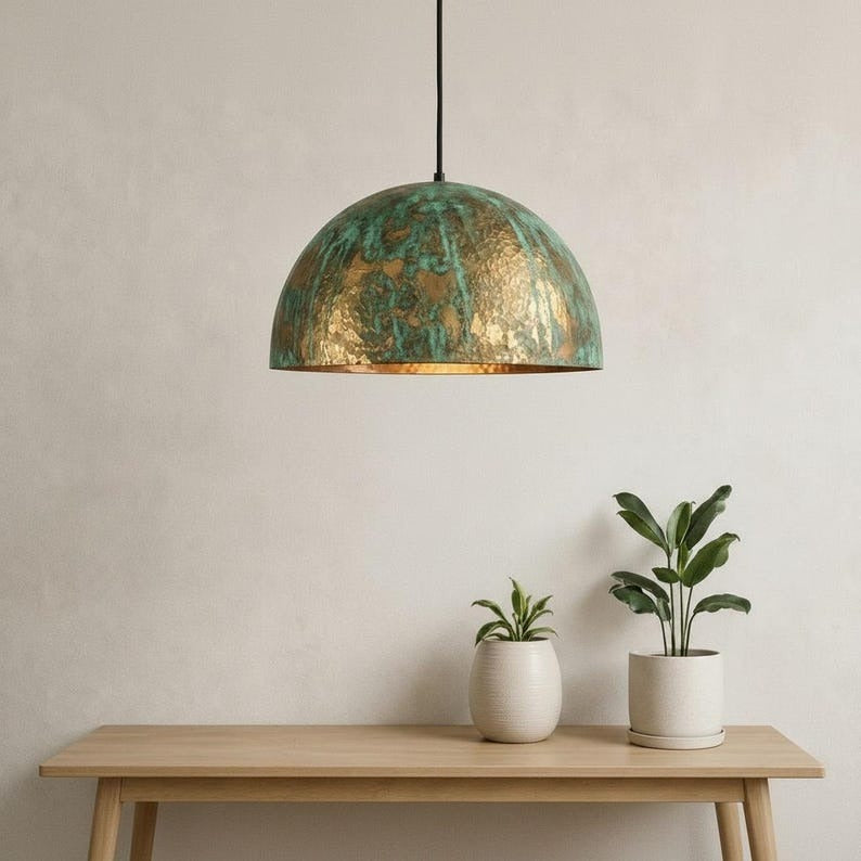 Handmade Moroccan Brass Pendant Light – Green Verdigris Patina Hammered Dome Ceiling Lamp, Large Kitchen Island & Dining Room Lighting