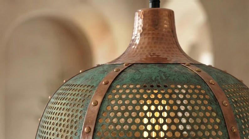 Handmade Moroccan Brass Pendant Light – Large Pierced Dome Ceiling Lamp with Verdigris Patina, Copper Accents & Riveted Industrial Design