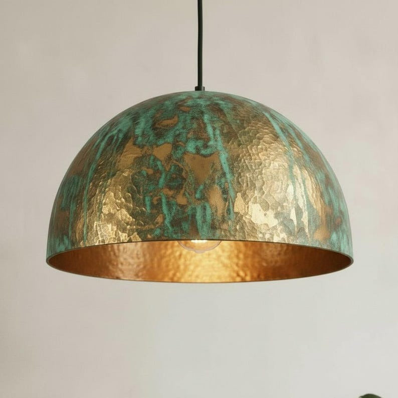 Handmade Moroccan Brass Pendant Light – Green Verdigris Patina Hammered Dome Ceiling Lamp, Large Kitchen Island & Dining Room Lighting