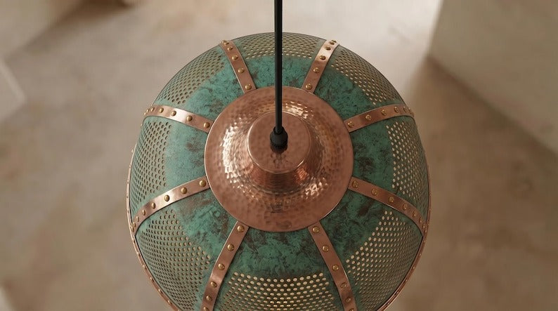 Handmade Moroccan Brass Pendant Light – Large Pierced Dome Ceiling Lamp with Verdigris Patina, Copper Accents & Riveted Industrial Design