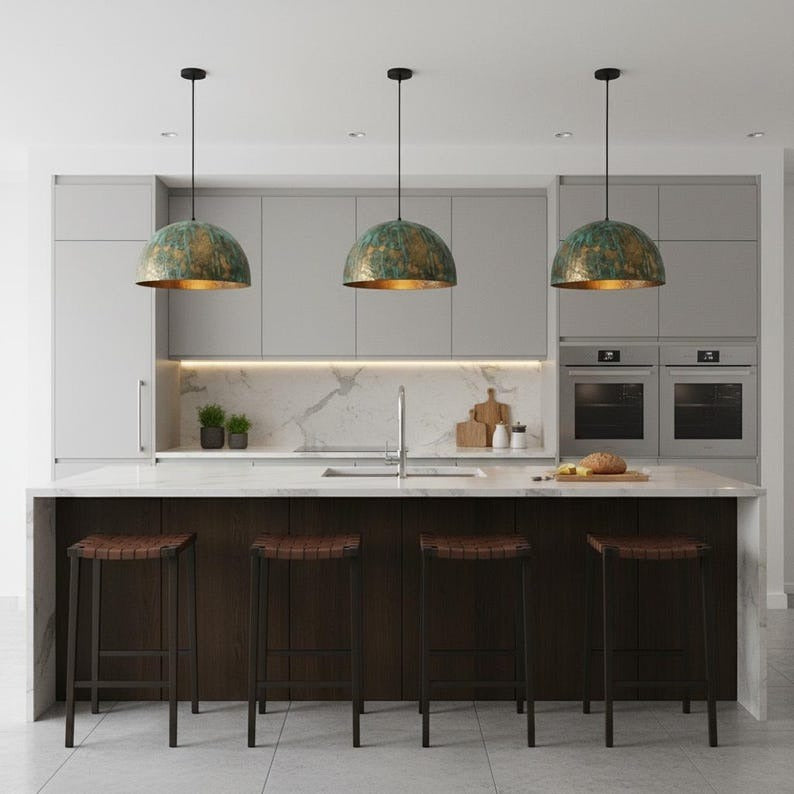 Set of 3 Handmade Moroccan Brass Pendant Lights – Green Verdigris Patina Hammered Dome Ceiling Lamps, Kitchen Island & Dining Room Lighting