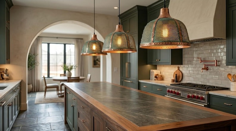 Handmade Moroccan Brass Pendant Light – Large Pierced Dome Ceiling Lamp with Verdigris Patina, Copper Accents & Riveted Industrial Design