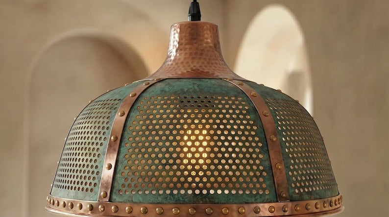 Handmade Moroccan Brass Pendant Light – Large Pierced Dome Ceiling Lamp with Verdigris Patina, Copper Accents & Riveted Industrial Design