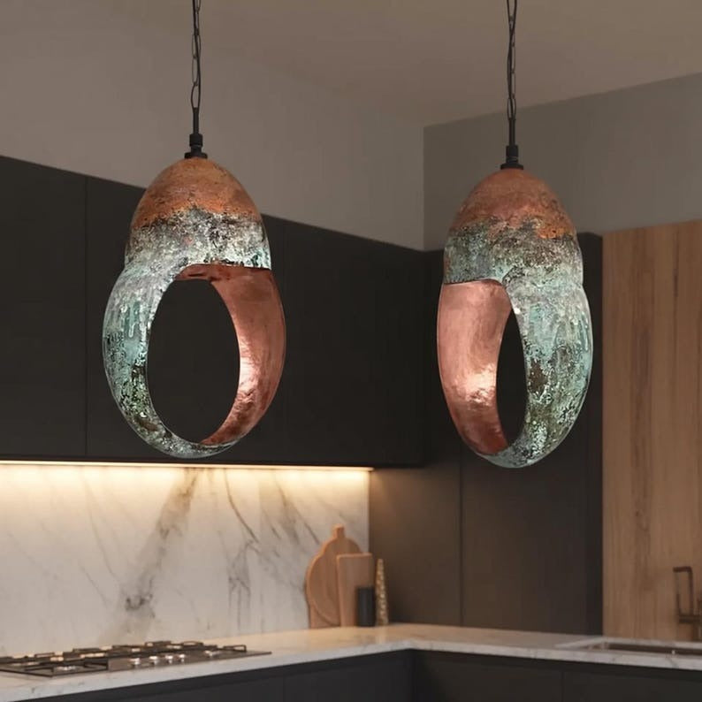 Handmade Moroccan Brass Sculptural Pendant Light – Green Verdigris Patina Oval Ring Hanging Lamp with Warm Copper Interior, Modern Organic Ceiling Light for Kitchen Island, Dining Room & Entryway