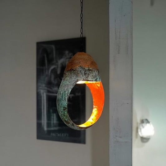 Handmade Moroccan Brass Sculptural Pendant Light – Green Verdigris Patina Oval Ring Hanging Lamp with Warm Copper Interior, Modern Organic Ceiling Light for Kitchen Island, Dining Room & Entryway