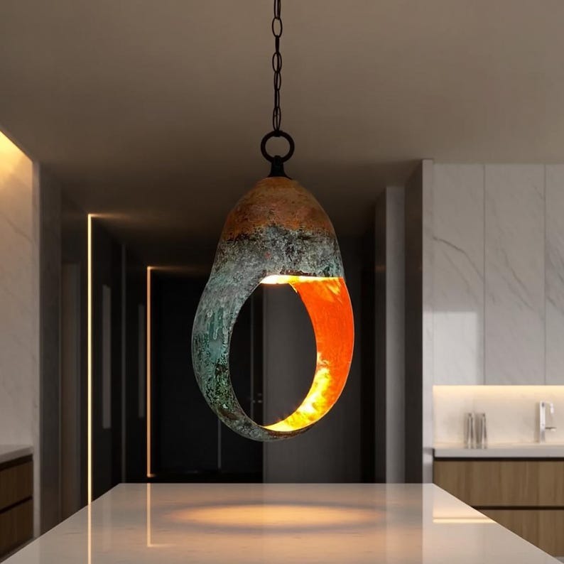 Handmade Moroccan Brass Sculptural Pendant Light – Green Verdigris Patina Oval Ring Hanging Lamp with Warm Copper Interior, Modern Organic Ceiling Light for Kitchen Island, Dining Room & Entryway