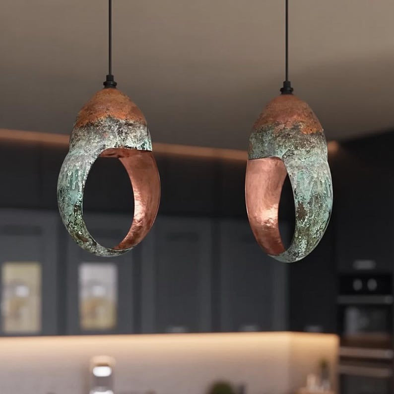 Handmade Moroccan Brass Sculptural Pendant Light – Green Verdigris Patina Oval Ring Hanging Lamp with Warm Copper Interior, Modern Organic Ceiling Light for Kitchen Island, Dining Room & Entryway