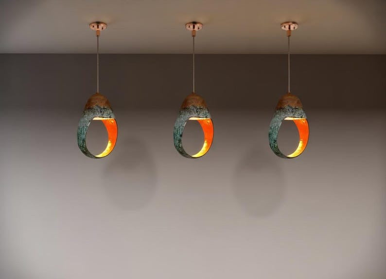 Handmade Moroccan Brass Sculptural Pendant Light – Green Verdigris Patina Oval Ring Hanging Lamp with Warm Copper Interior, Modern Organic Ceiling Light for Kitchen Island, Dining Room & Entryway