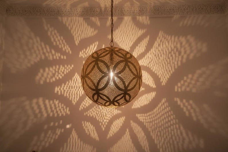 Handmade Moroccan Brass Pendant Light – Round Pierced Globe Shadow Lamp with Floral Geometric Pattern for Entryway, Bedroom, Hallway & Boho Home Décor