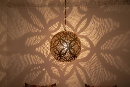 Handmade Moroccan Brass Pendant Light – Round Pierced Globe Shadow Lamp with Floral Geometric Pattern for Entryway, Bedroom, Hallway & Boho Home Décor