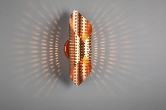 Handmade Moroccan Brass Wall Sconce – Perforated Copper Brass Geometric Wall Light, Sculptural Folded Boho Lamp for Bedroom, Hallway, Entryway & Living Room