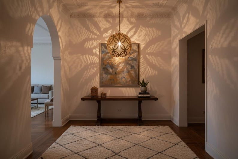 Handmade Moroccan Brass Pendant Light – Round Pierced Globe Shadow Lamp with Floral Geometric Pattern for Entryway, Bedroom, Hallway & Boho Home Décor