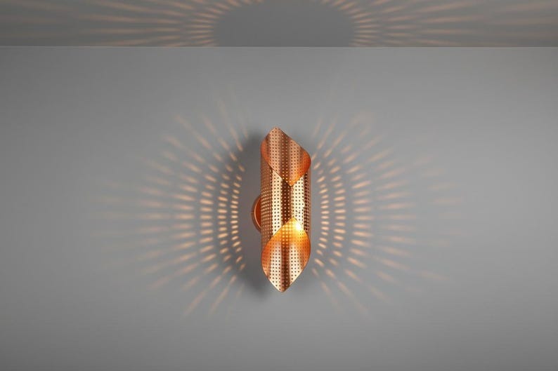 Handmade Moroccan Brass Wall Sconce – Perforated Copper Brass Geometric Wall Light, Sculptural Folded Boho Lamp for Bedroom, Hallway, Entryway & Living Room