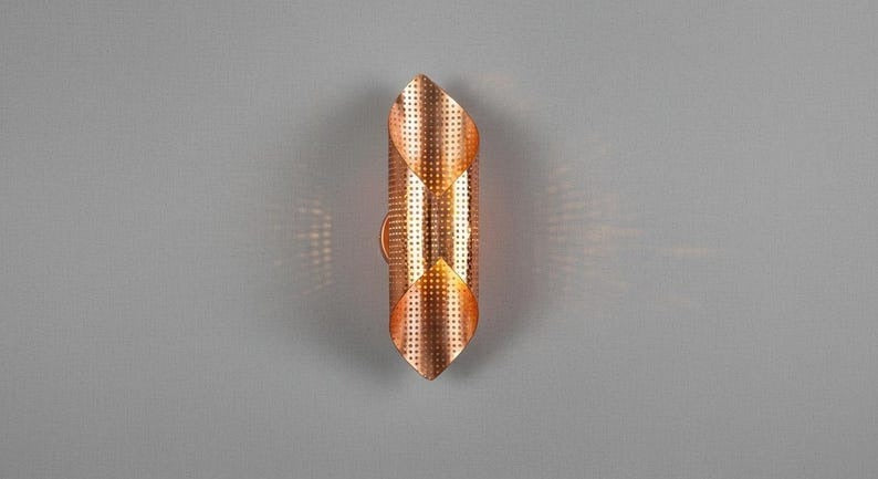 Handmade Moroccan Brass Wall Sconce – Perforated Copper Brass Geometric Wall Light, Sculptural Folded Boho Lamp for Bedroom, Hallway, Entryway & Living Room