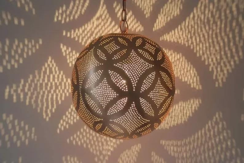 Handmade Moroccan Brass Pendant Light – Round Pierced Globe Shadow Lamp with Floral Geometric Pattern for Entryway, Bedroom, Hallway & Boho Home Décor