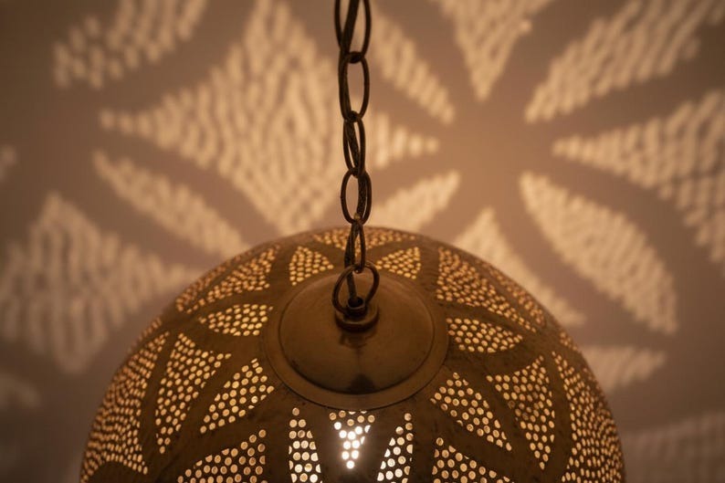 Handmade Moroccan Brass Pendant Light – Round Pierced Globe Shadow Lamp with Floral Geometric Pattern for Entryway, Bedroom, Hallway & Boho Home Décor