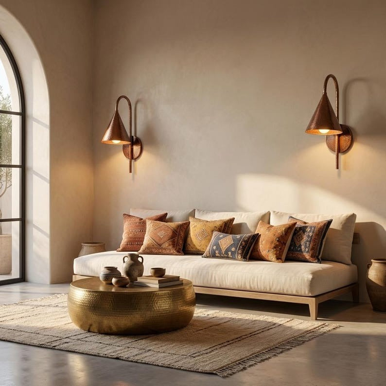 Handmade Moroccan Brass Wall Sconce – Hammered Copper Brass Cone Wall Light with Curved Gooseneck Arm, Rustic Boho Bedside Lamp for Bedroom, Hallway, Bathroom & Entryway