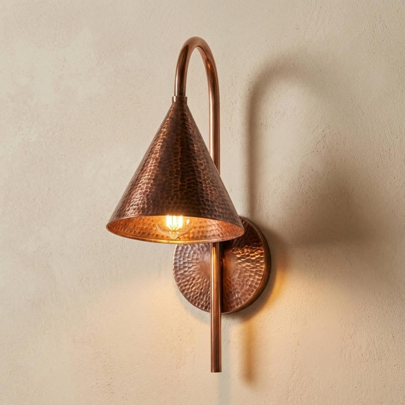 Handmade Moroccan Brass Wall Sconce – Hammered Copper Brass Cone Wall Light with Curved Gooseneck Arm, Rustic Boho Bedside Lamp for Bedroom, Hallway, Bathroom & Entryway
