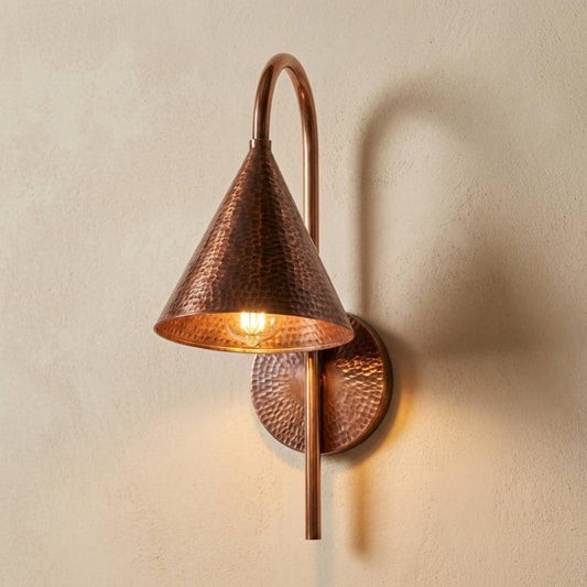 Handmade Moroccan Brass Wall Sconce – Hammered Copper Brass Cone Wall Light with Curved Gooseneck Arm, Rustic Boho Bedside Lamp for Bedroom, Hallway, Bathroom & Entryway