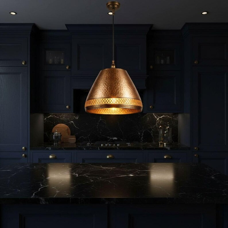 Handmade Moroccan Brass Cone Pendant Light – Hammered Antique Gold Hanging Lamp with Diamond Lattice Band and Warm Patterned Glow for Kitchen Island, Dining Room & Living Room