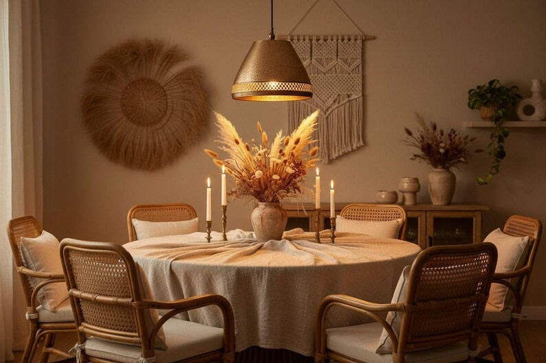 Handmade Moroccan Brass Cone Pendant Light – Hammered Antique Gold Hanging Lamp with Diamond Lattice Band and Warm Patterned Glow for Kitchen Island, Dining Room & Living Room