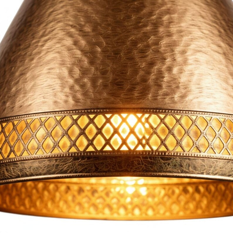 Handmade Moroccan Brass Cone Pendant Light – Hammered Antique Gold Hanging Lamp with Diamond Lattice Band and Warm Patterned Glow for Kitchen Island, Dining Room & Living Room