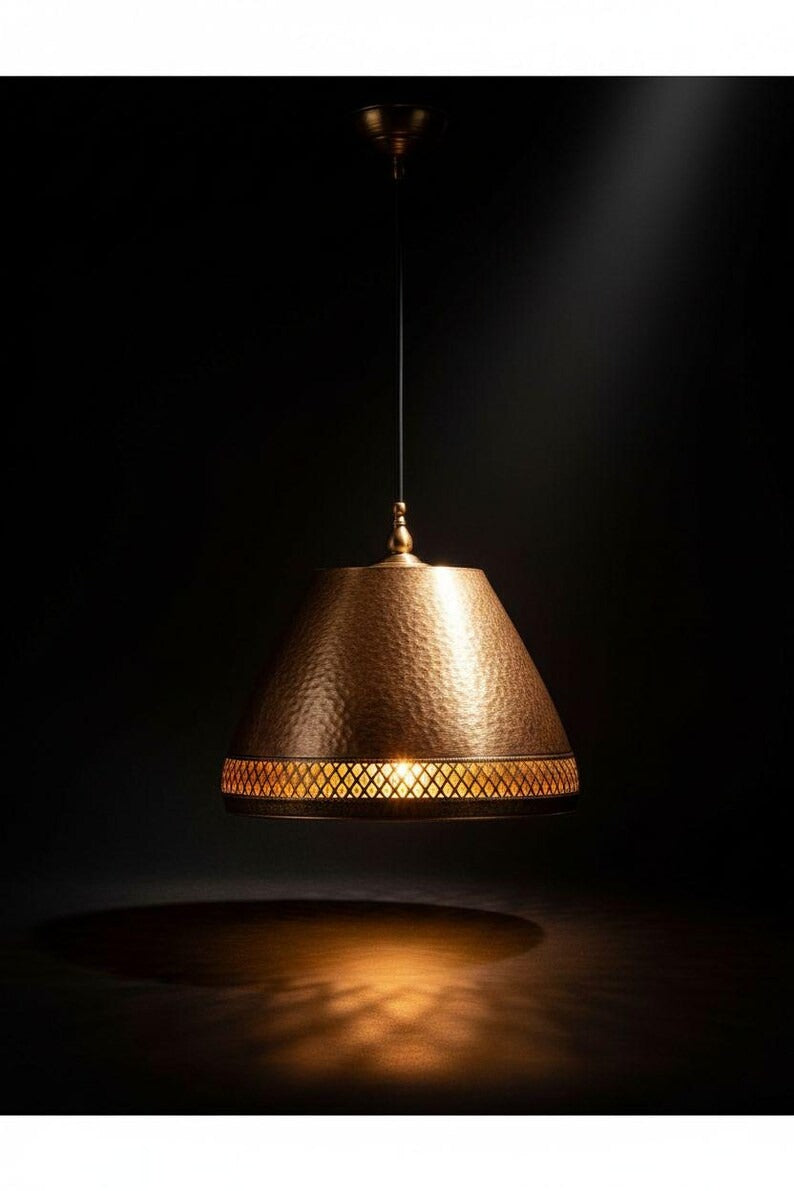 Handmade Moroccan Brass Cone Pendant Light – Hammered Antique Gold Hanging Lamp with Diamond Lattice Band and Warm Patterned Glow for Kitchen Island, Dining Room & Living Room