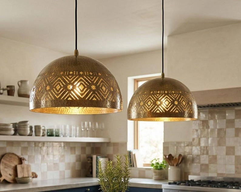 Handmade Moroccan Brass Dome Pendant Light – Hammered Antique Brass Hanging Lamp with Geometric Star Cutouts, Boho Moorish Ceiling Light for Kitchen Island, Dining Room & Living Room