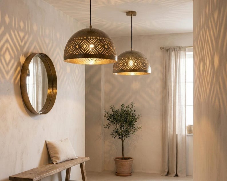 Handmade Moroccan Brass Dome Pendant Light – Hammered Antique Brass Hanging Lamp with Geometric Star Cutouts, Boho Moorish Ceiling Light for Kitchen Island, Dining Room & Living Room