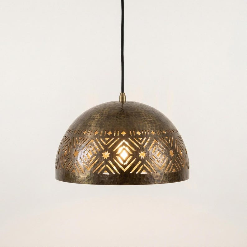 Handmade Moroccan Brass Dome Pendant Light – Hammered Antique Brass Hanging Lamp with Geometric Star Cutouts, Boho Moorish Ceiling Light for Kitchen Island, Dining Room & Living Room