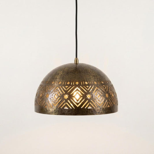 Handmade Moroccan Brass Dome Pendant Light – Hammered Antique Brass Hanging Lamp with Geometric Star Cutouts, Boho Moorish Ceiling Light for Kitchen Island, Dining Room & Living Room