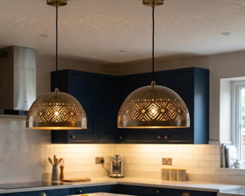 Handmade Moroccan Brass Dome Pendant Light – Hammered Antique Brass Hanging Lamp with Geometric Star Cutouts, Boho Moorish Ceiling Light for Kitchen Island, Dining Room & Living Room