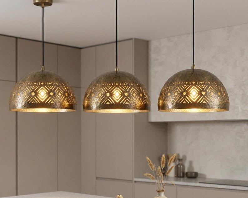 Handmade Moroccan Brass Dome Pendant Light – Hammered Antique Brass Hanging Lamp with Geometric Star Cutouts, Boho Moorish Ceiling Light for Kitchen Island, Dining Room & Living Room