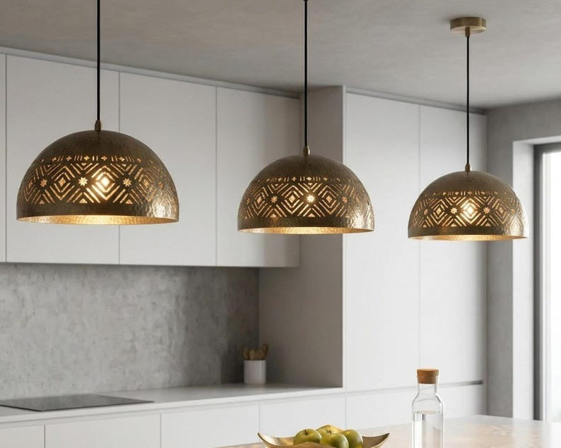 Handmade Moroccan Brass Dome Pendant Light – Hammered Antique Brass Hanging Lamp with Geometric Star Cutouts, Boho Moorish Ceiling Light for Kitchen Island, Dining Room & Living Room